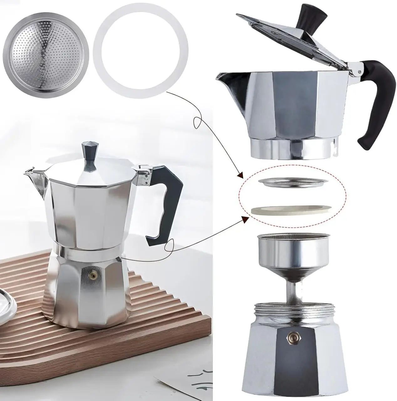 Купити Комплект для Гейзерної кавоварки 9 cup 3 ущільнювачі та фільтр Комплект для Гейзерної кавоварки 9 cup 3 ущільнювачі та фільтр